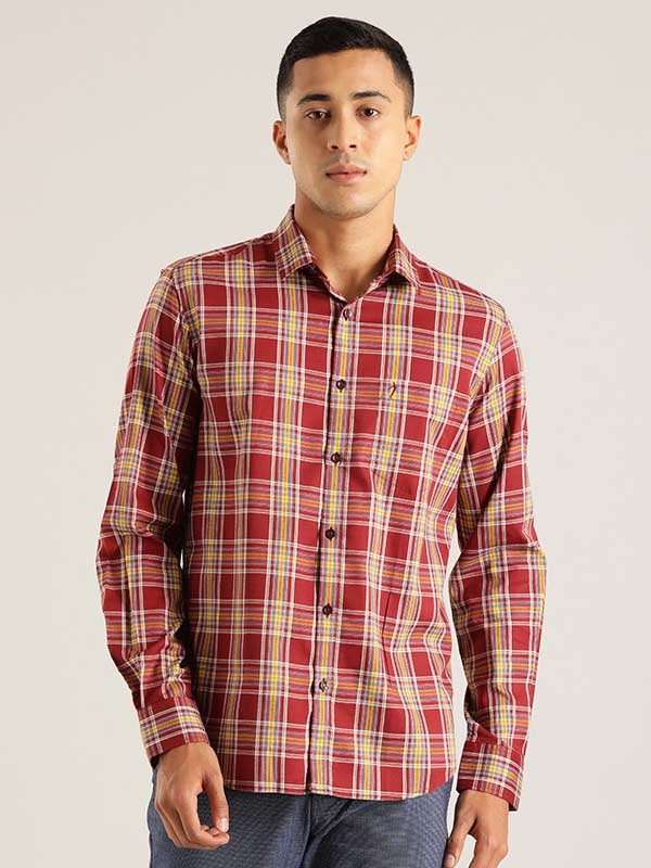 Indian Terrain Men's Slim Fit Full Sleeve Checkered Maroon Shirt